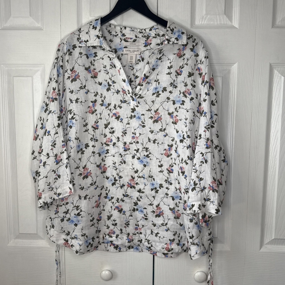 Laura Ashley White Floral 100% LINEN 3/4 Sleeve Side Ties Top Shirt Sz 1X EUC!